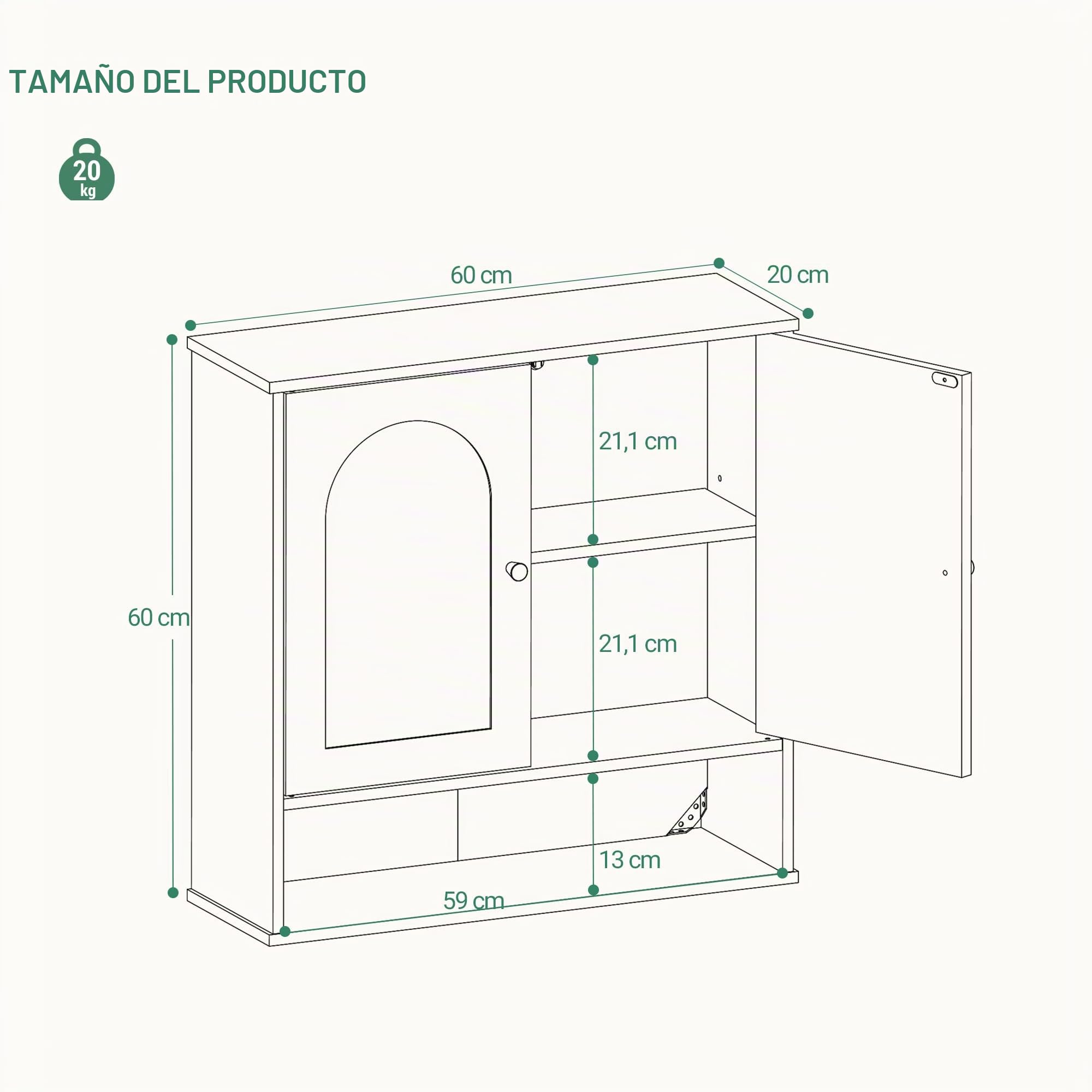 Hzuaneri Armario de Pared de Baño, Armario de baño Encima del Lavabo con 2 Puertas, Espacio Abierto y Estantes Ajustables Armario de Medicina, Blanco con Veta de Madera BC40113X