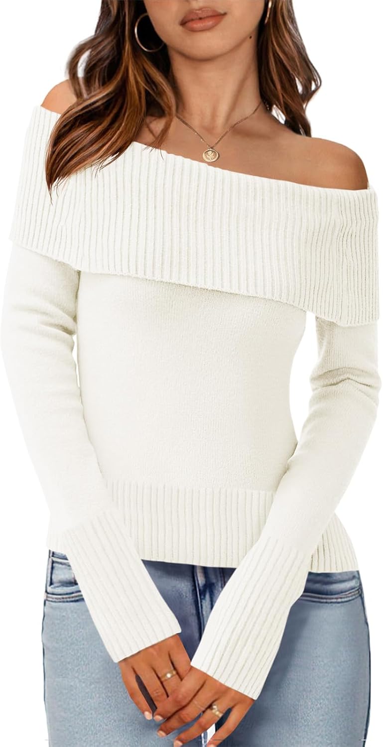 Imily Bela Womens Off The Shoulder Sweaters Casual Long Sleeve Ribbed Knit Slim Fit Y2K Going Out Pullover Tops
