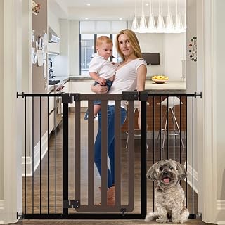 59'' Extra Wide Baby Gate for Stairs, Auto Close Walk Thru Safety Dog Gate with Dual Locking, Pressure Mounted Pet Gate for Doorways, Banister, Includes 6.9'' & 8'' & 12'' Extension, 30'' High