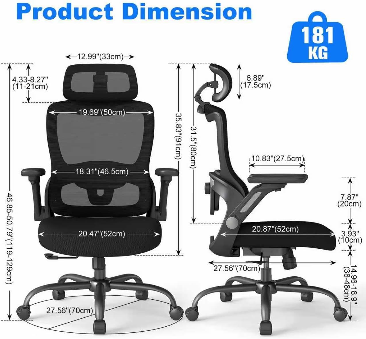 Product dimensions of the ZZH Ergonomic Office Chair