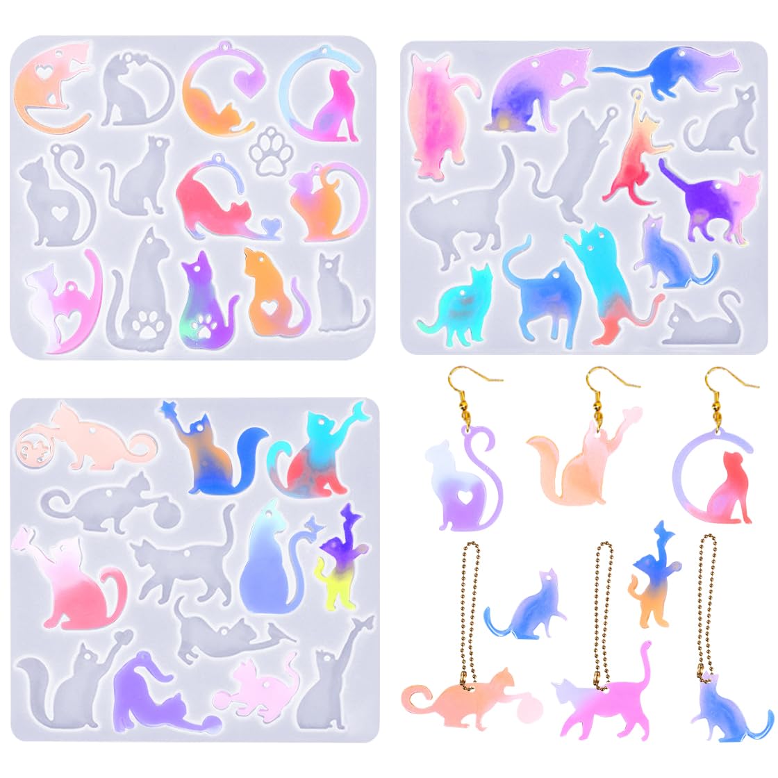 HyzaPhix Resin Earring Moulds, 40 Shapes Cat Silicone Mould Jewelry Epoxy Molds Cute Animal Casting Mold with Hole for DIY Necklace Pendant Charm, Gifts for Women Girls (cat)
