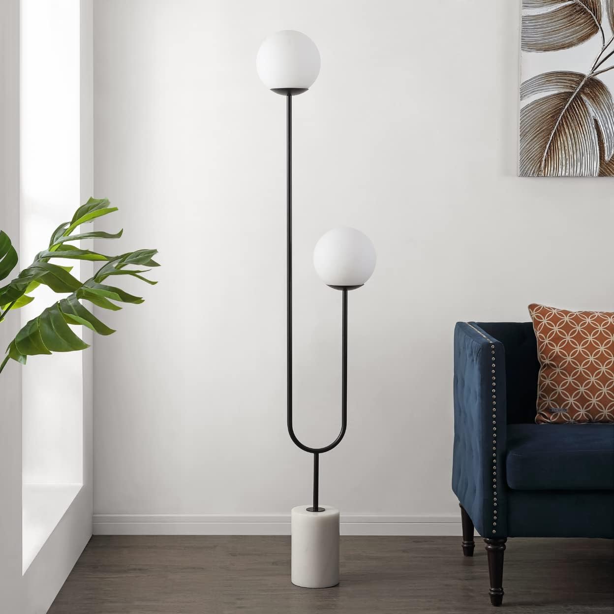 SAFAVIEH Lighting Collection Leif Modern Orb 68-inch 2-Light Black Iron/Marble F…