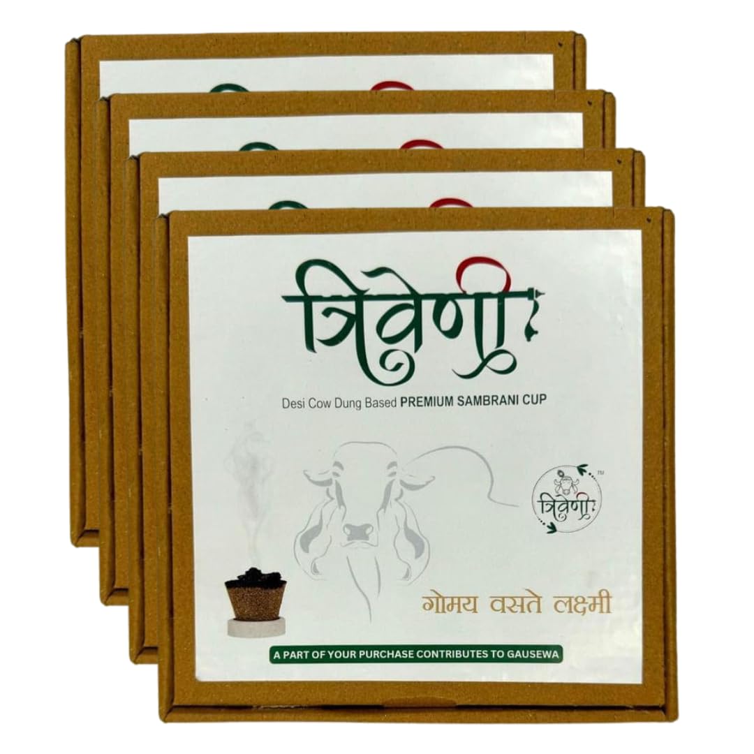 Triveni Organics Sambrani Dhoop Cups from Gir Cow Dung (Pack of 4-42 Cups) | Guggal Loban Dhup Cups for Pooja, Havan, Meditation & Home Purification | Sandalwood Hawan Cups for Mandir Use