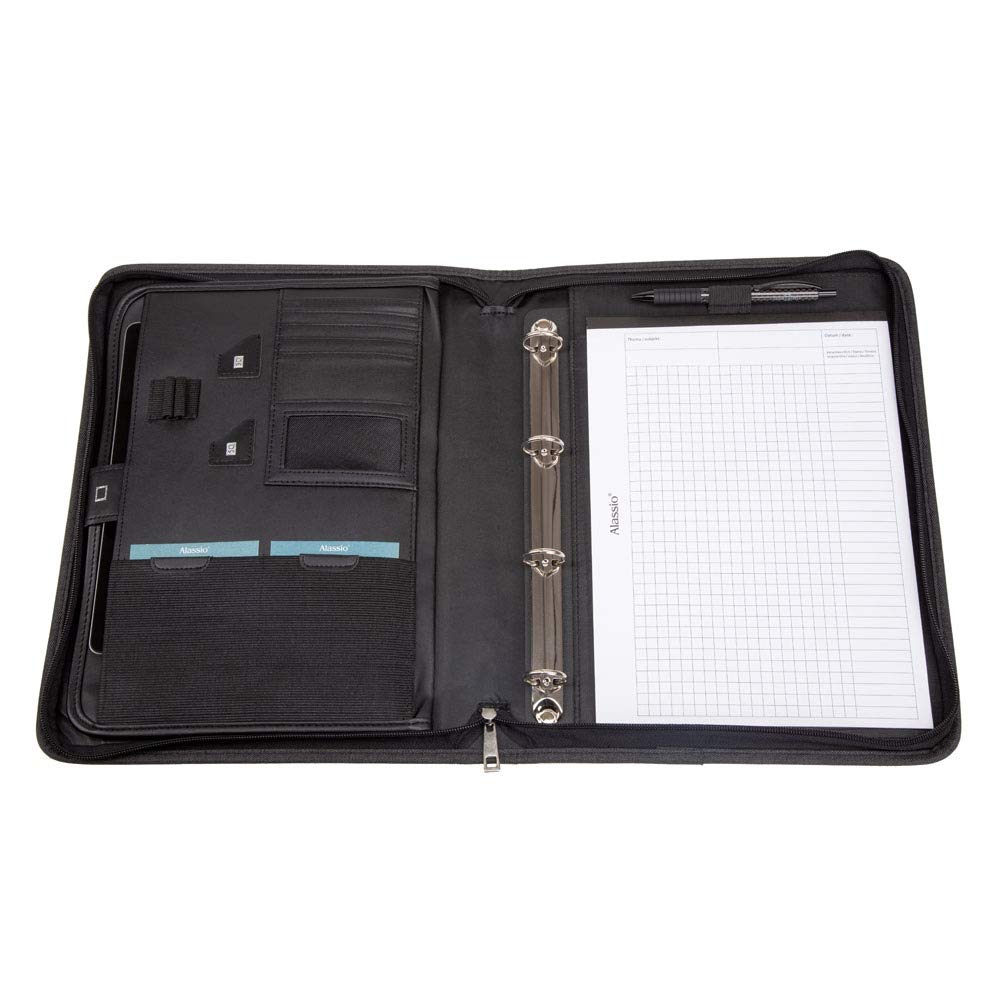 Alassio 30119 - teczka z orgamy A4 OLBIA z nylonu, teczka konferencyjna w kolorze antracytowym, teczka ok. 36 x 28 x 5 cm, z kieszenią na tablet, blok A4, mechanizm segregatorowy, 6 przegródek na