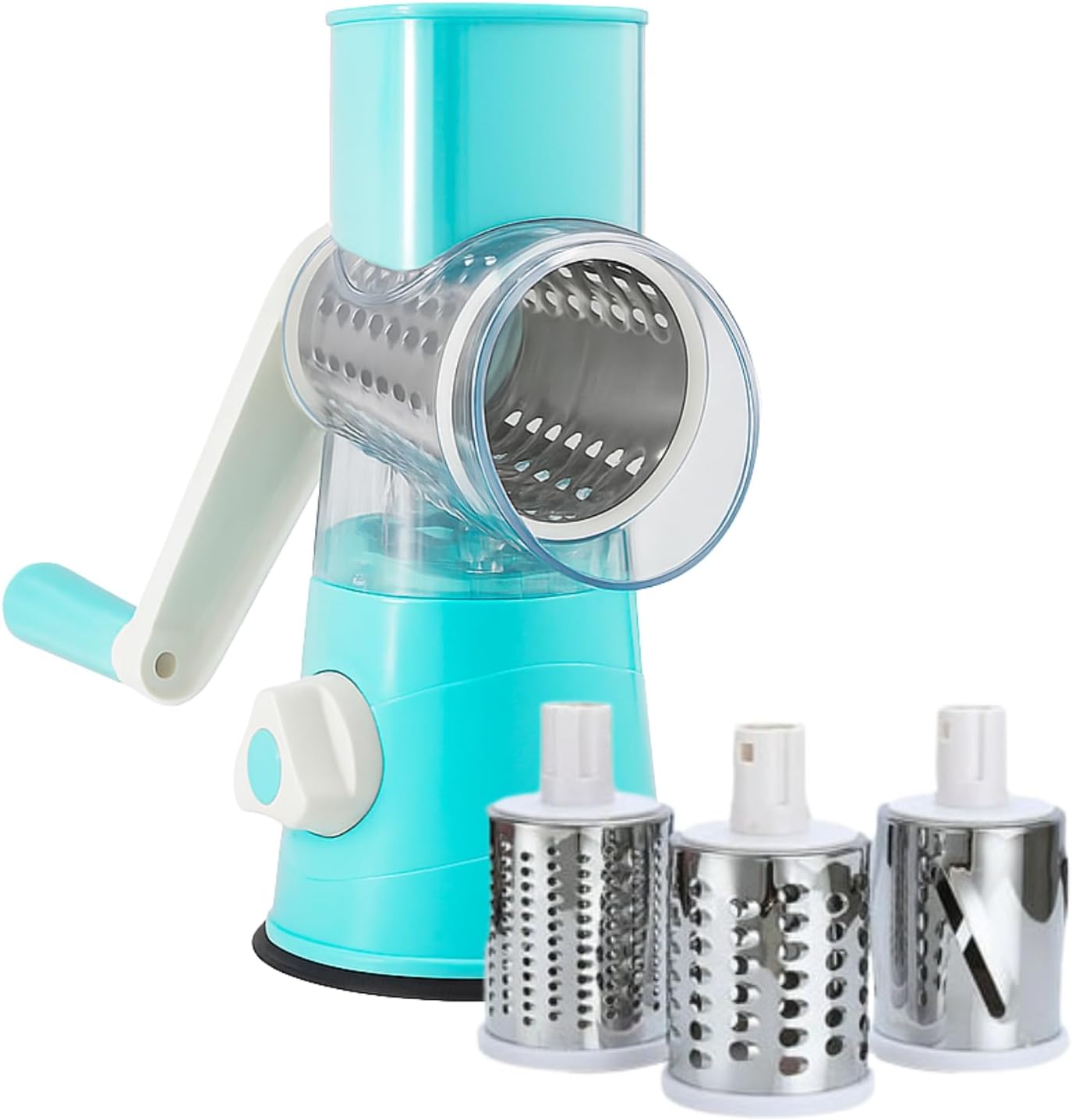 Rallador rotativo de queso, rallador de cocina con 3 cuchillas de tambor, cortador manual de verduras y trituradora para verduras y nueces – Base de