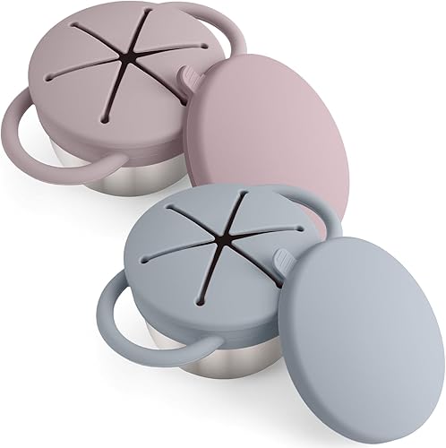 Miniatura 8 de Mity rain Paquete de 2 Contenedores de Aperitivos de Acero Inoxidable para Niños Pequeños con Tapas de Silicona a Prueba de Derrames y Asas - Tazas
