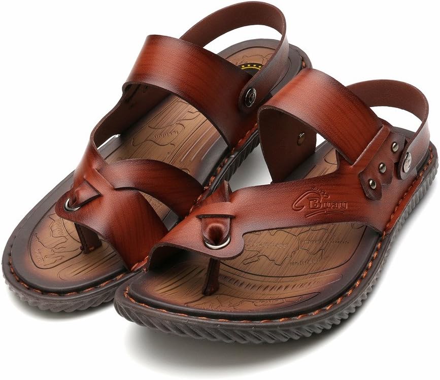 LZF-1663-Brown-42 Arno Mens Microfiber Leather Universal Sandals Toe Ring Style House Flat Sandals Shoes US 9