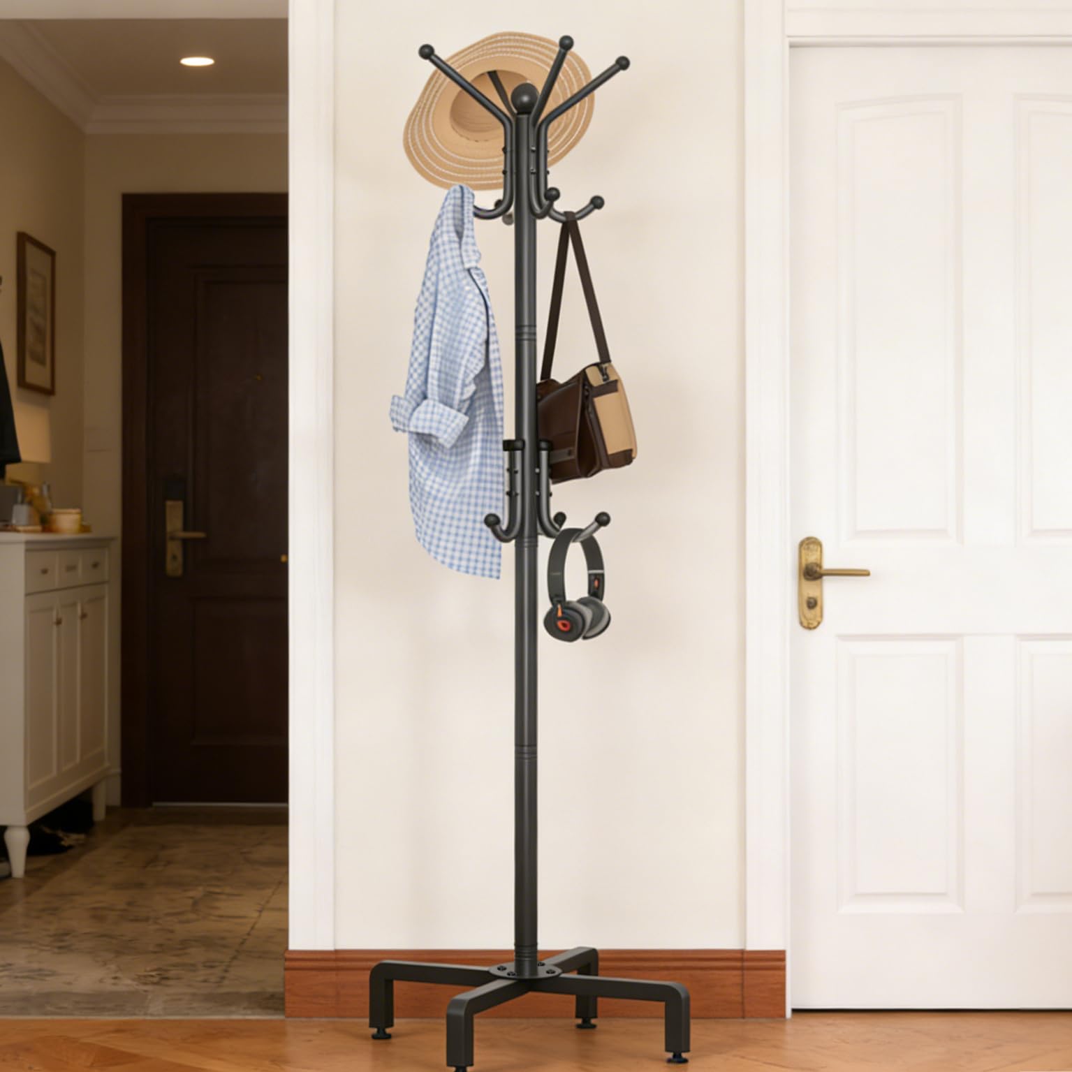 Porte-manteau avec pieds carrés réglables et boule décorative, 178 x 54 x 40 cm, arbre à manteau en métal, robuste et autonome (noir)