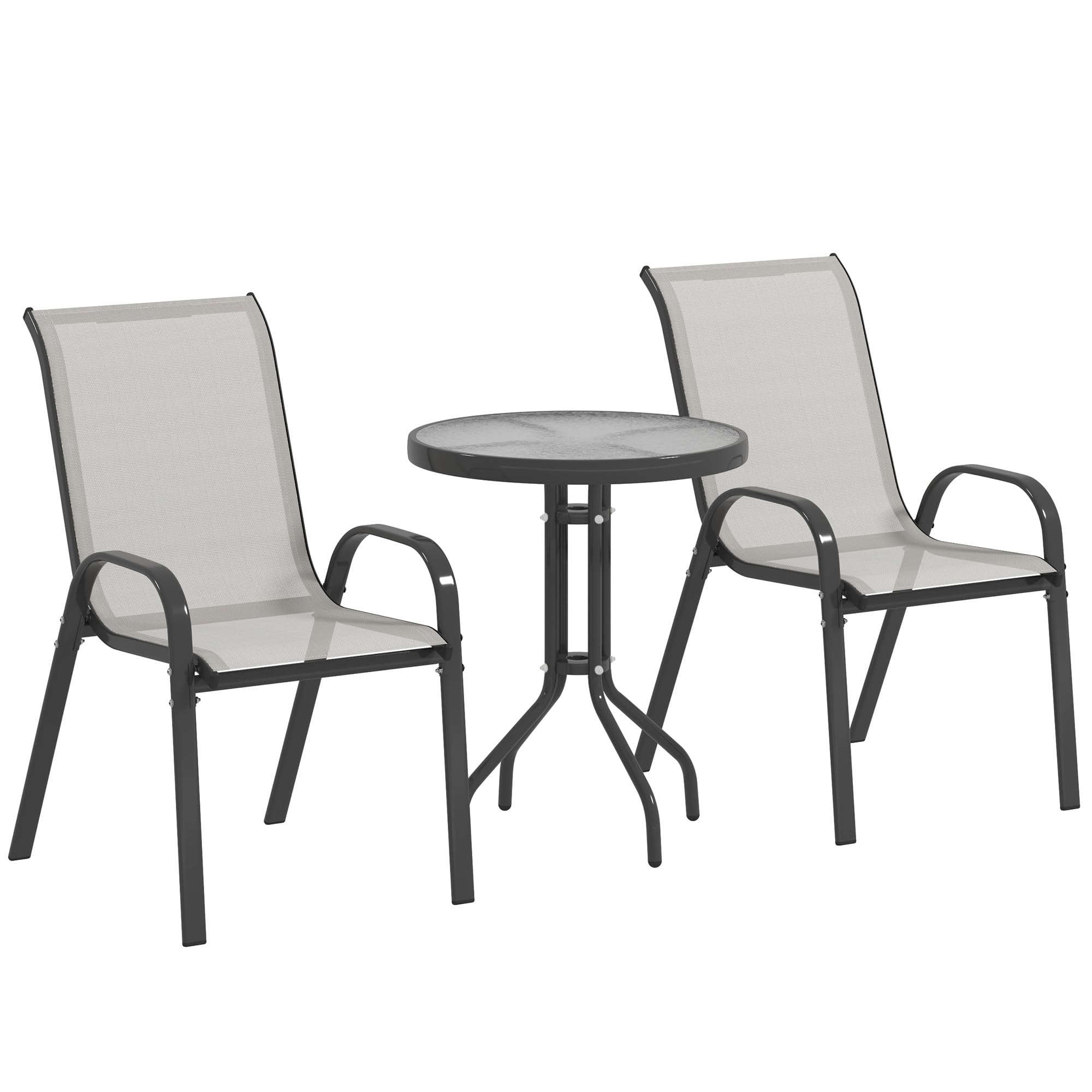 Outsunny 3 Pieces Garden Dining Set, 2 Seater Garden Furniture with High Back Stackable Chairs and Round Glass Top Table, Outdoor Bistro Set for Patio, Light Grey — image 1