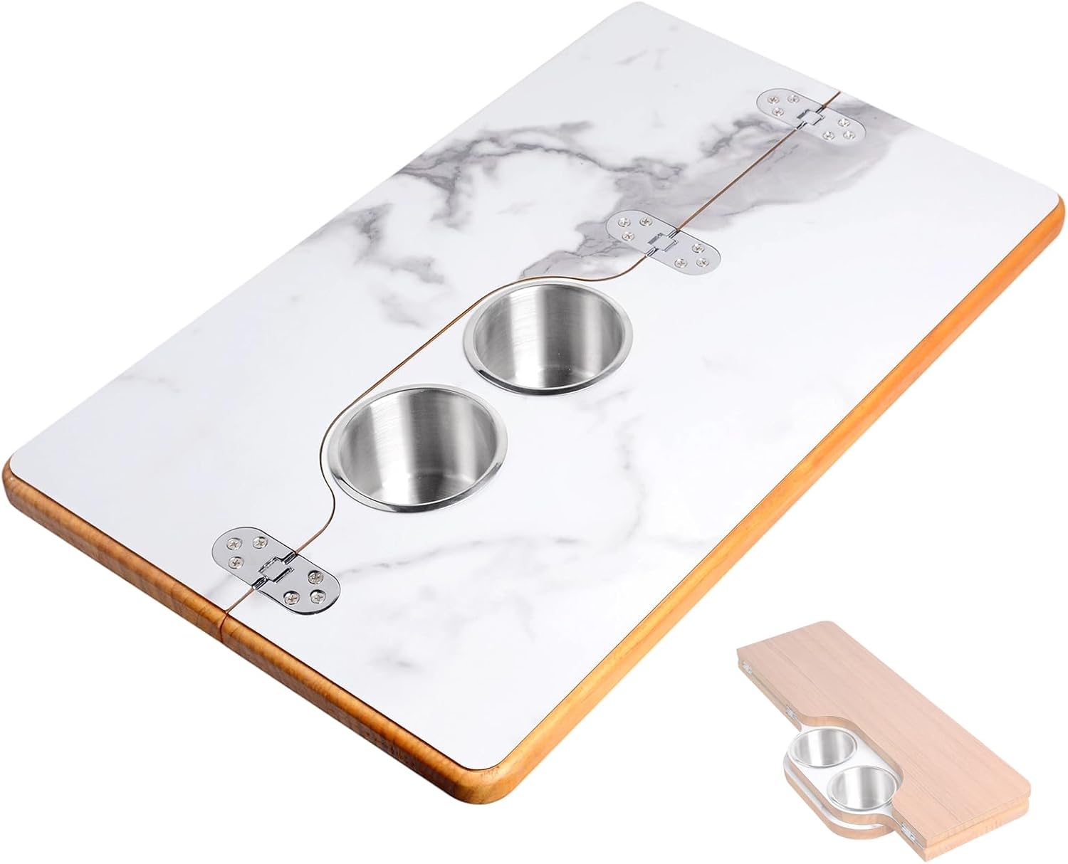 Marble Ink Pattern Folding Table with Two Cup Holders, Compact and Space-Saving, 56.5x35 cm (22.2x13.8 in) - Ideal for RVs, Camping, Apartments, and Home Use