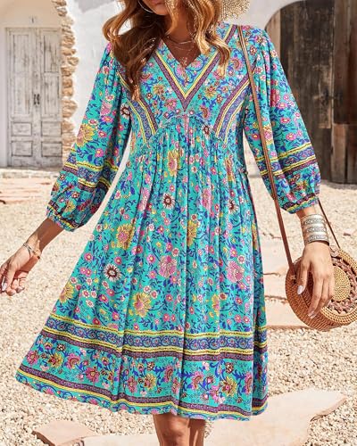 Image of BTFBM Women Casual Spring Summer Dresses V Neck 3 /4 Long Sleeve Ruffle Floral Flowy Boho Babydoll Mini Short Beach Dress