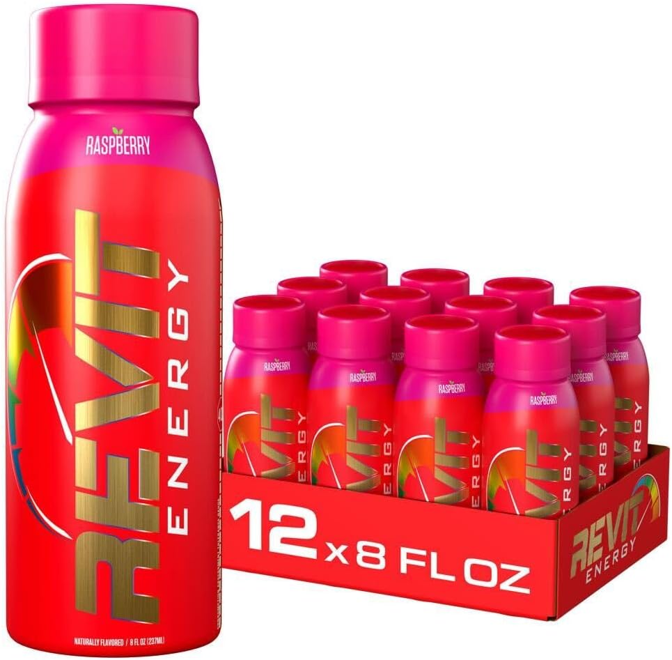 Steel Revit Energy Drink Raspberry 8oz (12-Pack) | 300mg Caffeine, 7 Essential Vitamins | Sugar-Free, Resealable Cap, All-Day Energy (1.2 PK, Raspberry)
