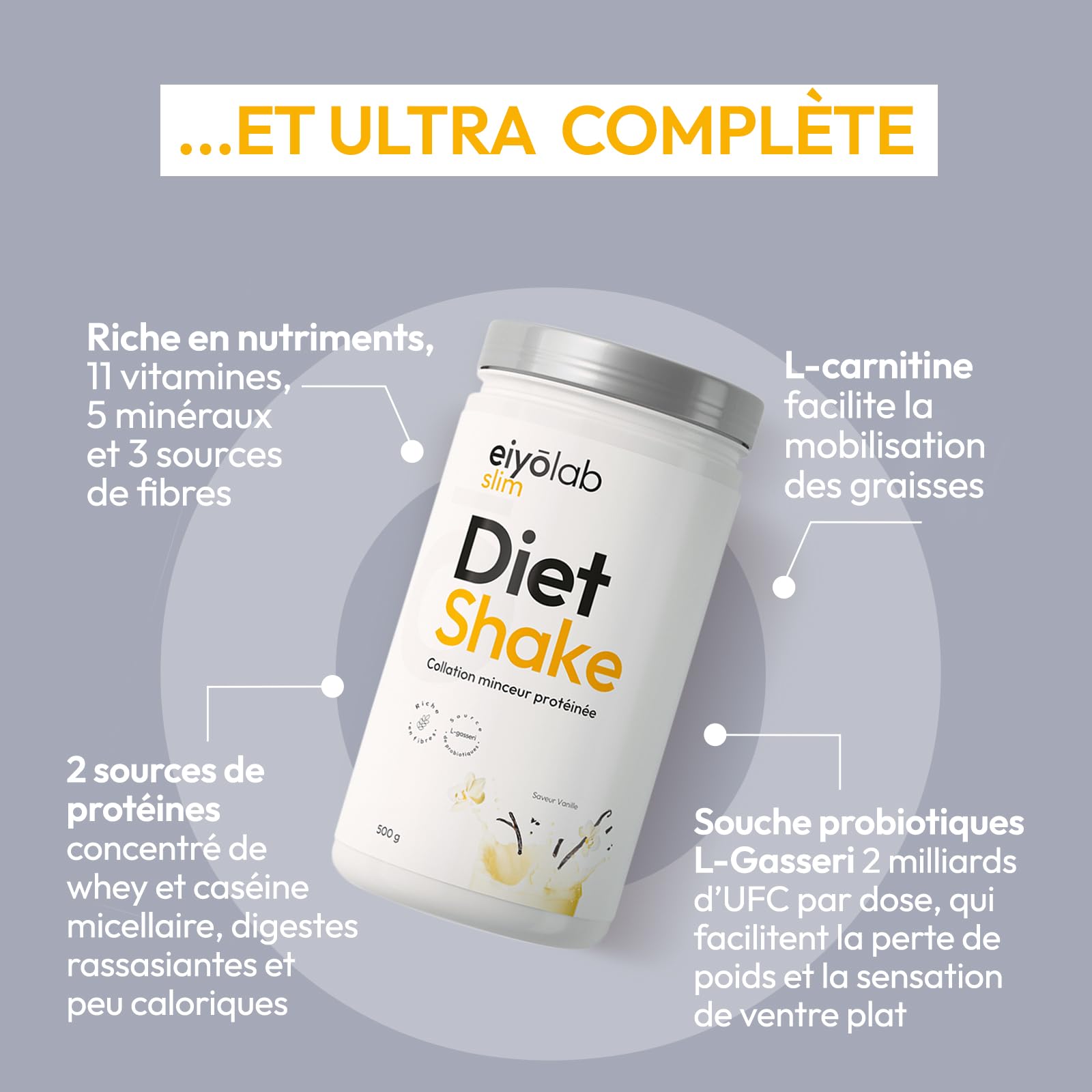 DIET SHAKE | Collation Minceur Protéinée | L-Carnitine pour l’Activation des Graisses | Probiotiques et Psyllium pour la Digestion | Vitamines et Minéraux | Pauvre en Sucres | 500g Vanille | Eiyolab