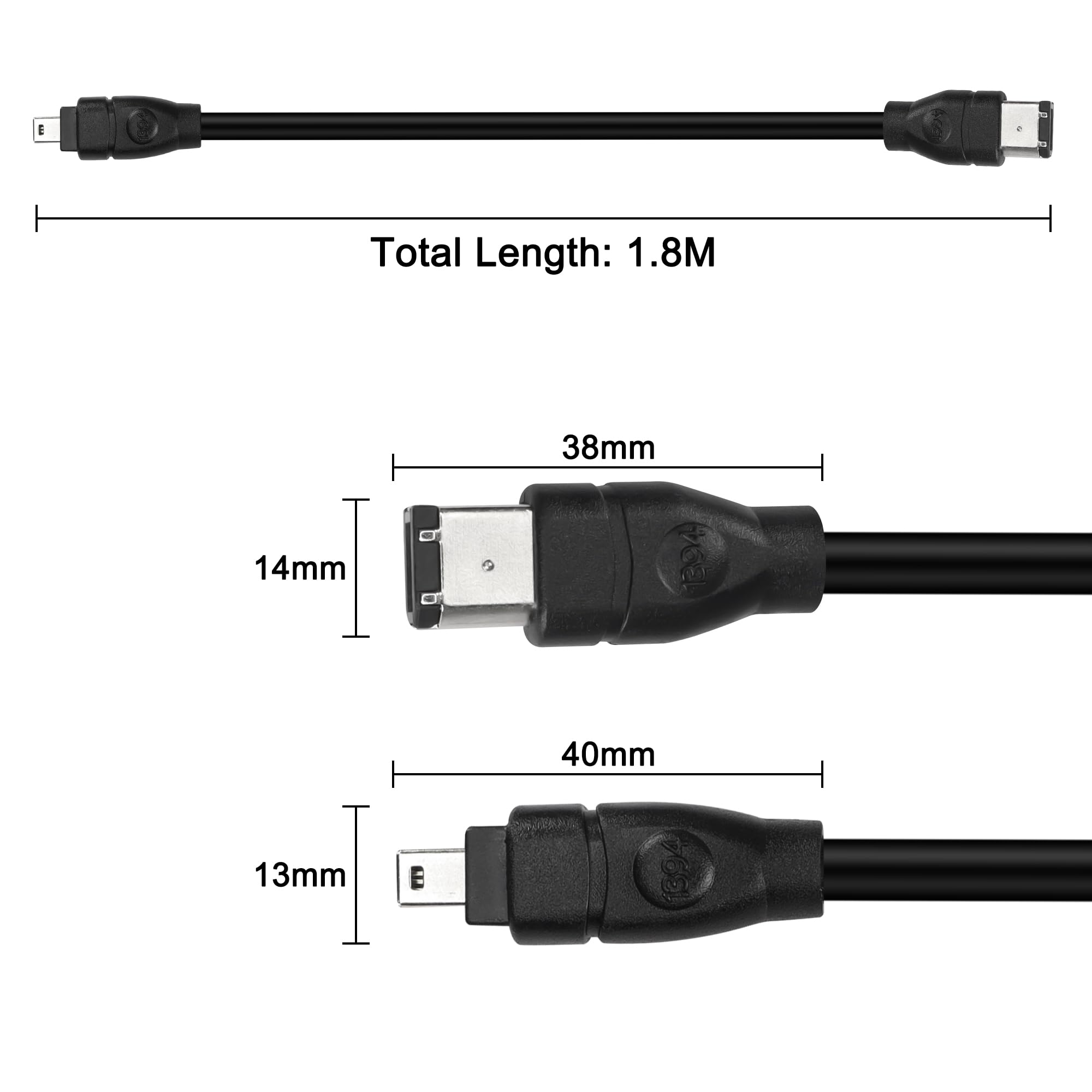 MEIRIYFA Firewire IEEE 1394B wtyczka 6-stykowa do 4-pinowego kabla wtykowego, Firewire 400 do Firewire 400 4 Pin do 6 Pin High Speed 400 Mbps do drukarki, skanera, aparatu cyfrowego (1,8 m, czarna)