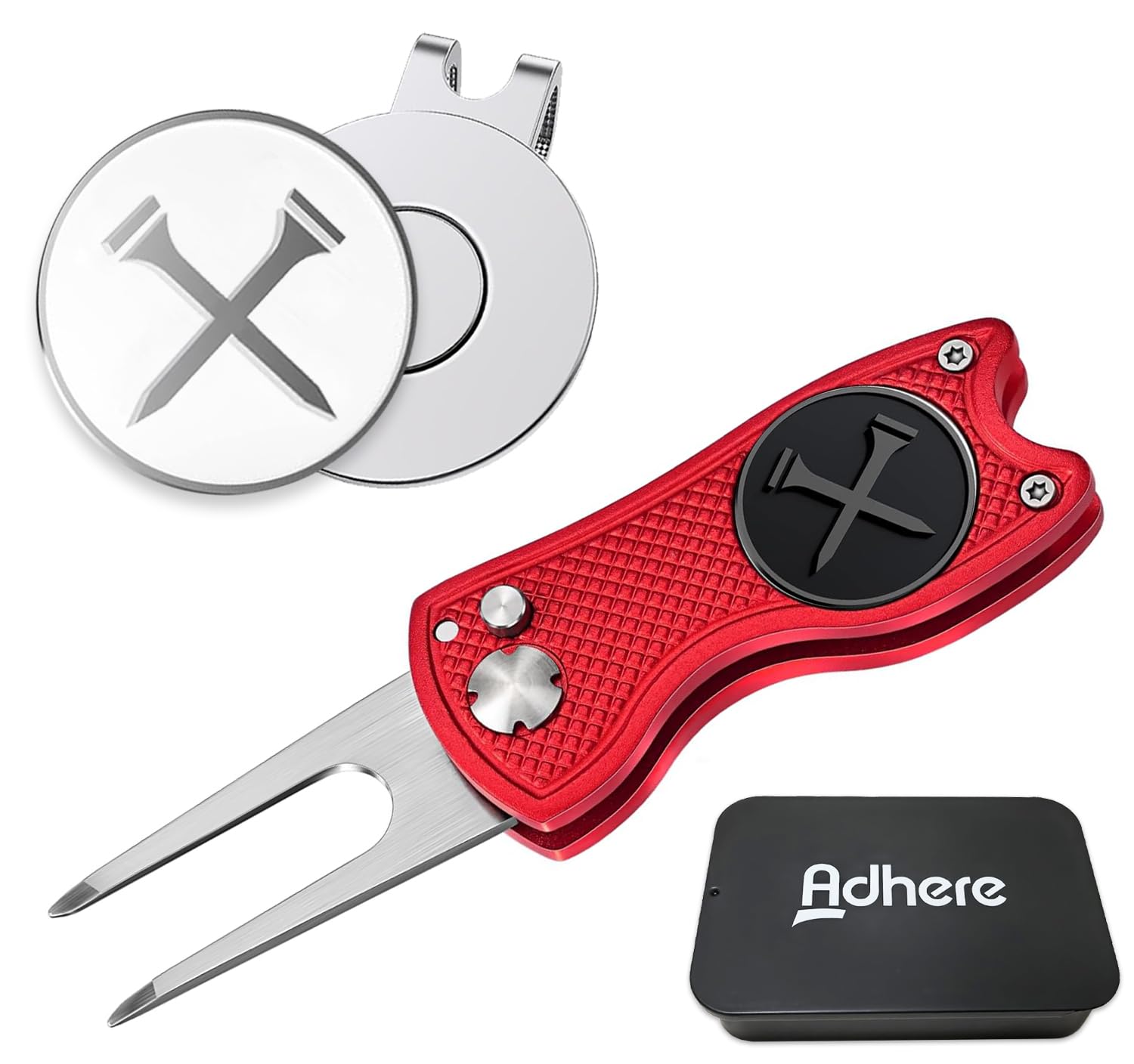Adhere Golf Divot Tool & Golf Ball Markers Set with A strong Magnetic Hat Clips, Premium Golf Gift Pack (Red)