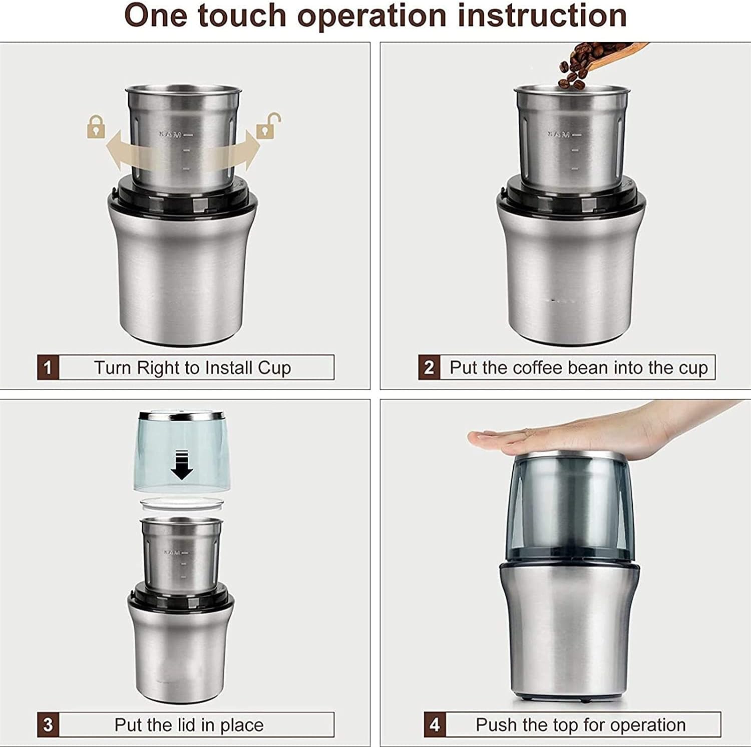 Coffee Grinder Electric, 200W Spice Grinder Electric with Stainless Steel Blade, Removable Bowl, French Grind Coffee Bean Grinder for Spices and Seeds