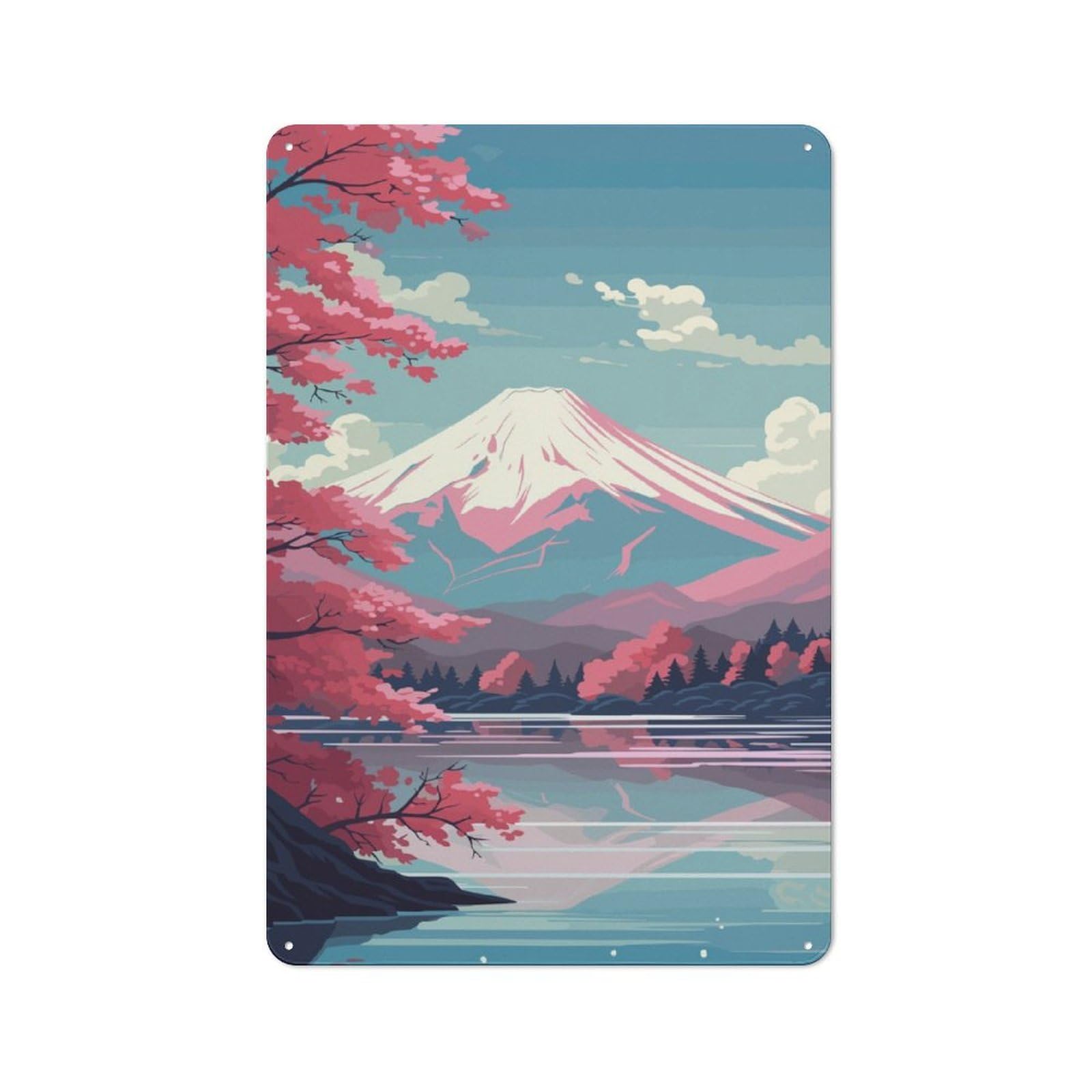 Retro Metal Wall Sign 30x20cm with Pink Mount Fuji Sakura for Garage Wall, Suited to Garage Decor Collectors