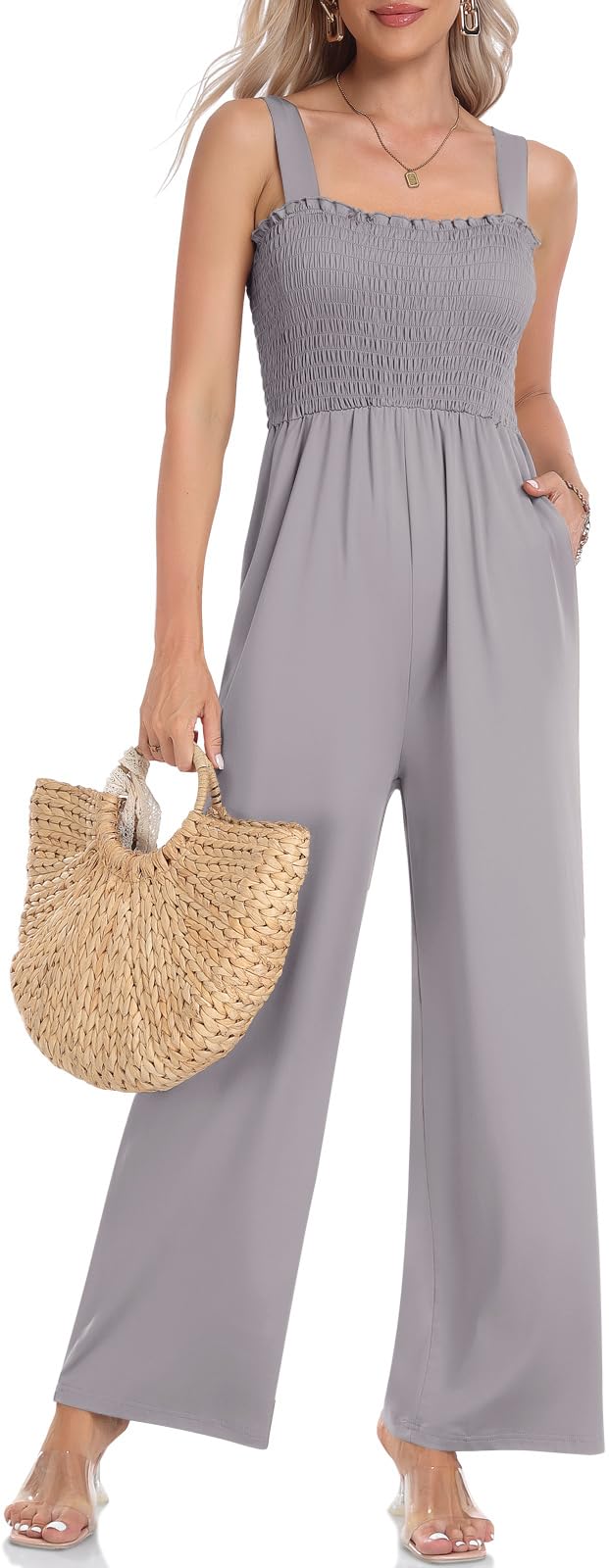 DACESLONWomen's 2023 Loose Casual Overalls Jumpsuits One Piece Sleeveless Wide Leg Long Pant Rompers With Pockets