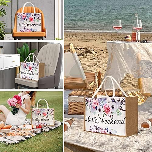Women's Tote Handbags FACHNUO Canvas Large Jute Shoulder Bag with Rose Flower Printing, Weaving Gift Tote Bag for Girls, Women, Spring, Weekend, Beach, Picnic, Outing 6 Women's Tote Handbags FACHNUO Canvas Large Jute Shoulder Bag with Rose Flower Printing, Weaving Gift Tote Bag for Girls, Women, Spring, Weekend, Beach, Picnic, Outing