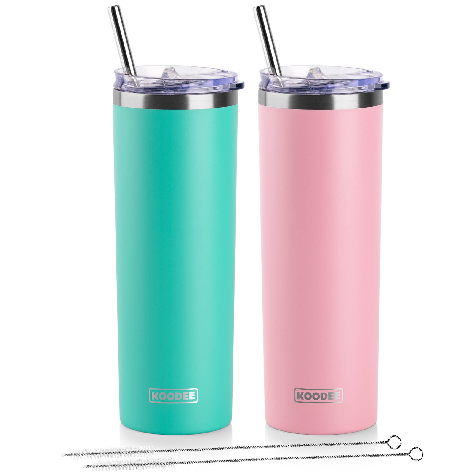 koodee 20 oz Skinny Tumbler (2 Pack) Stainless Steel Double Wall Insulated Water Tumbler Cup with Straw, Slim Travel Tumbler for Women Diy Birthday Gift (Teal-Pink)