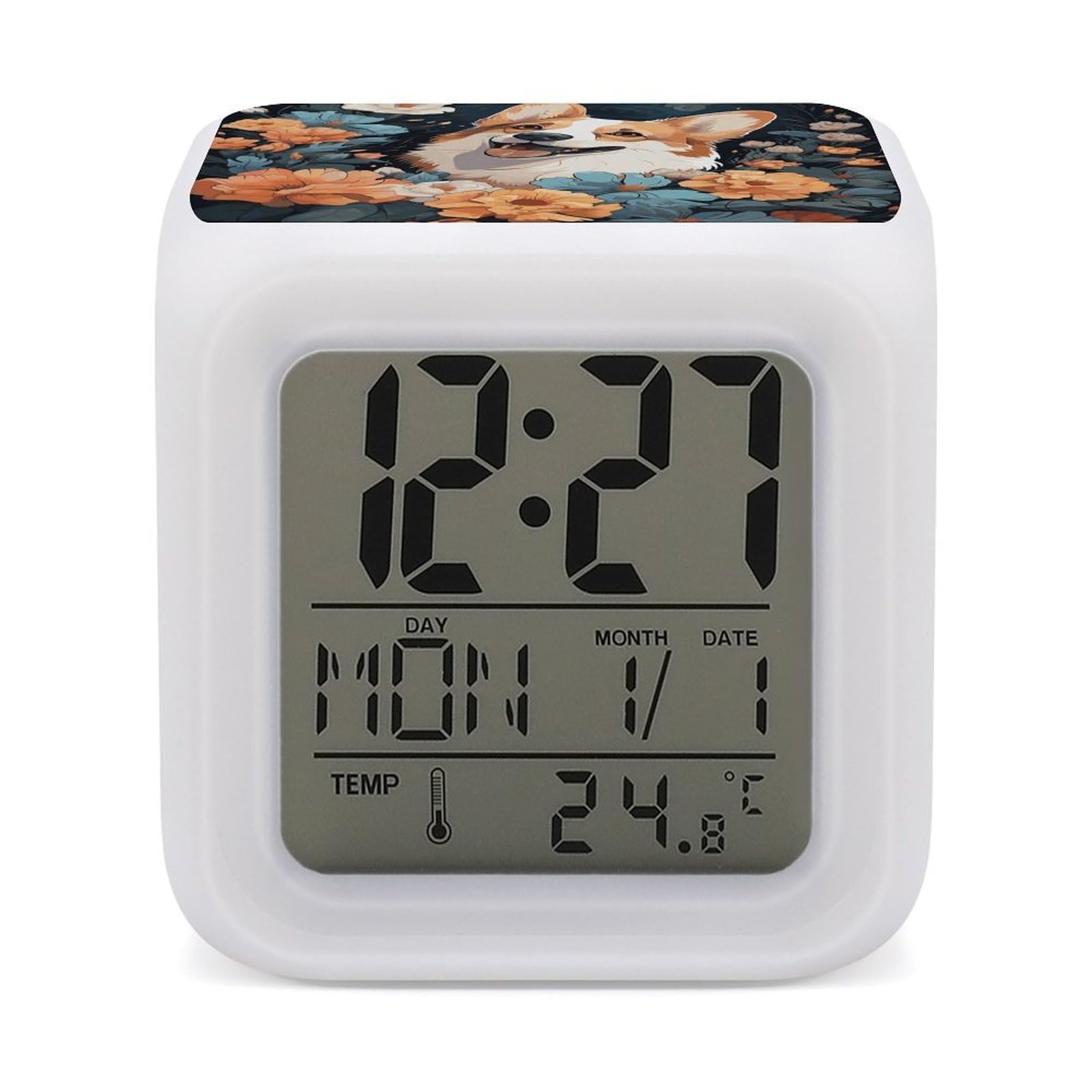 Reloj despertador digital LED que cambia de color Corgi con alarma fuerte para escritorio