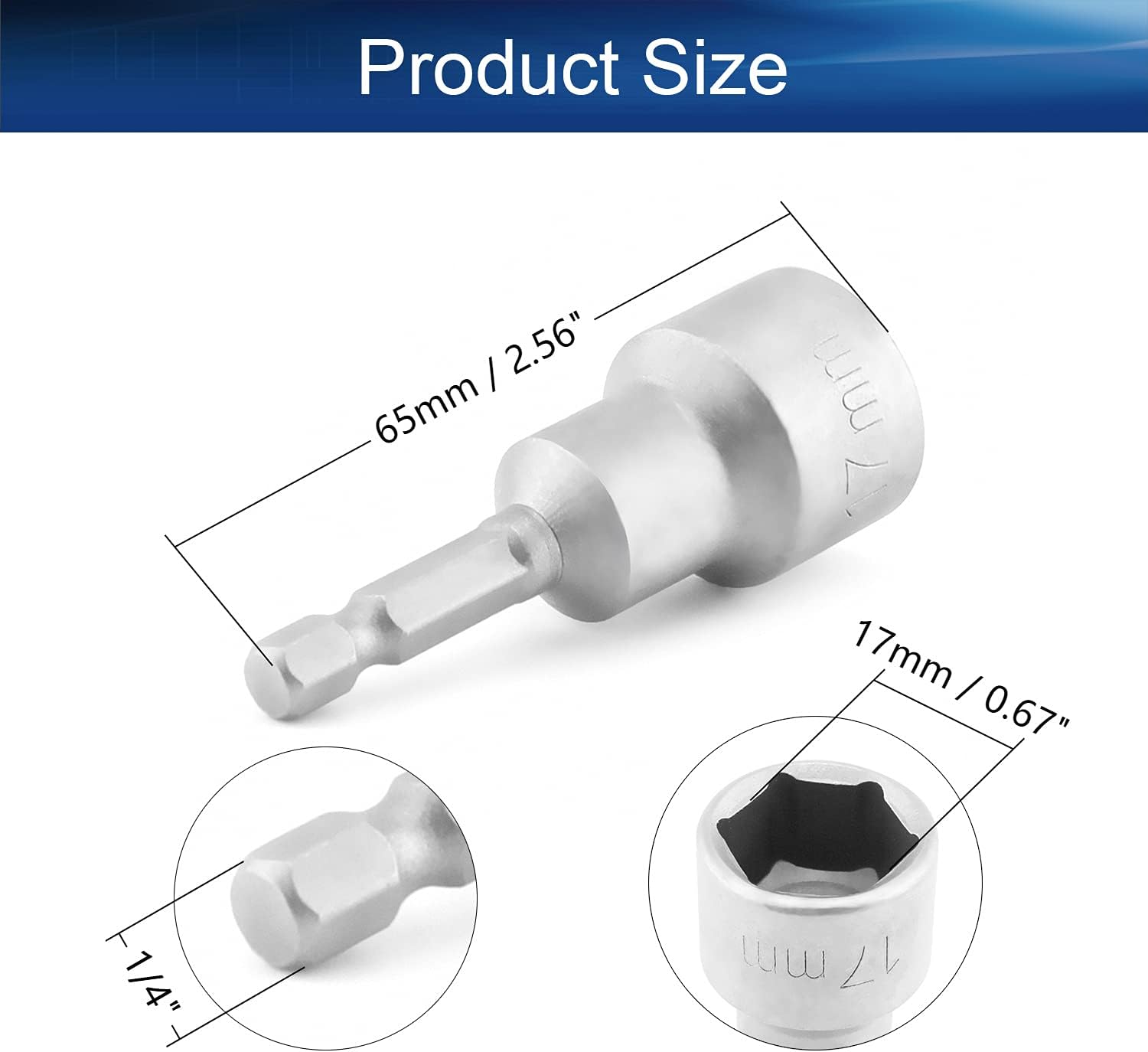 Utoolmart 1/4" Quick-Change Hex Shank 17mm Setter Impact Nut Driver Drill Bit Tool, 65mm Length, Metric No-Magnetic 1 Pcs