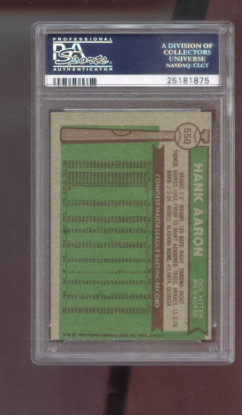 1976 Topps #550 Hank Aaron Milwaukee Brewers NM PSA 7 Graded Baseball Card MLB