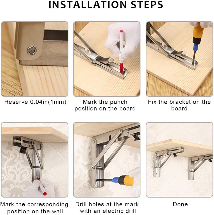 Folding Shelf Brackets 2 Pack,Heavy Duty Triangle Shelf Bracket for Bench Table,Wall Mounted Standing Shelf Brackets for Saving Place,Multi Size, Max Load 400lb (16", 304 Stainless Steel)