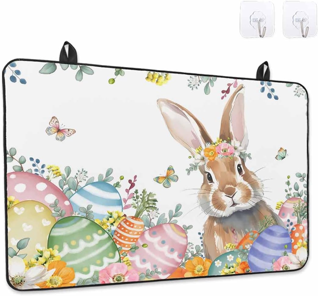 Easter Rabbit Stove Cover for Electric Stove, Watercolor Floral Bunny Colored Eggs Leaf Stove Top Cover for Glass Top, Heat Insulation Rubber Mat Foldable Cooktop Top Protector, 36"x21"