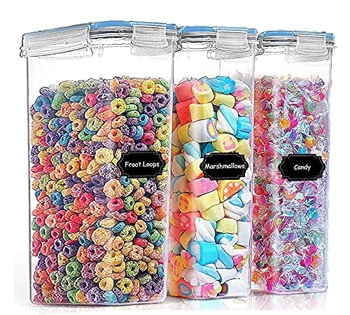 Image of Kitchen Storage Container Set of 3pc Food Safe & BPA Free Plastic Kitchen Containers and Jars 500ml Cereal Dispensers Airtight Fridge Container with Leakproof Lid (2.1L, Rectangular, Transparent)
