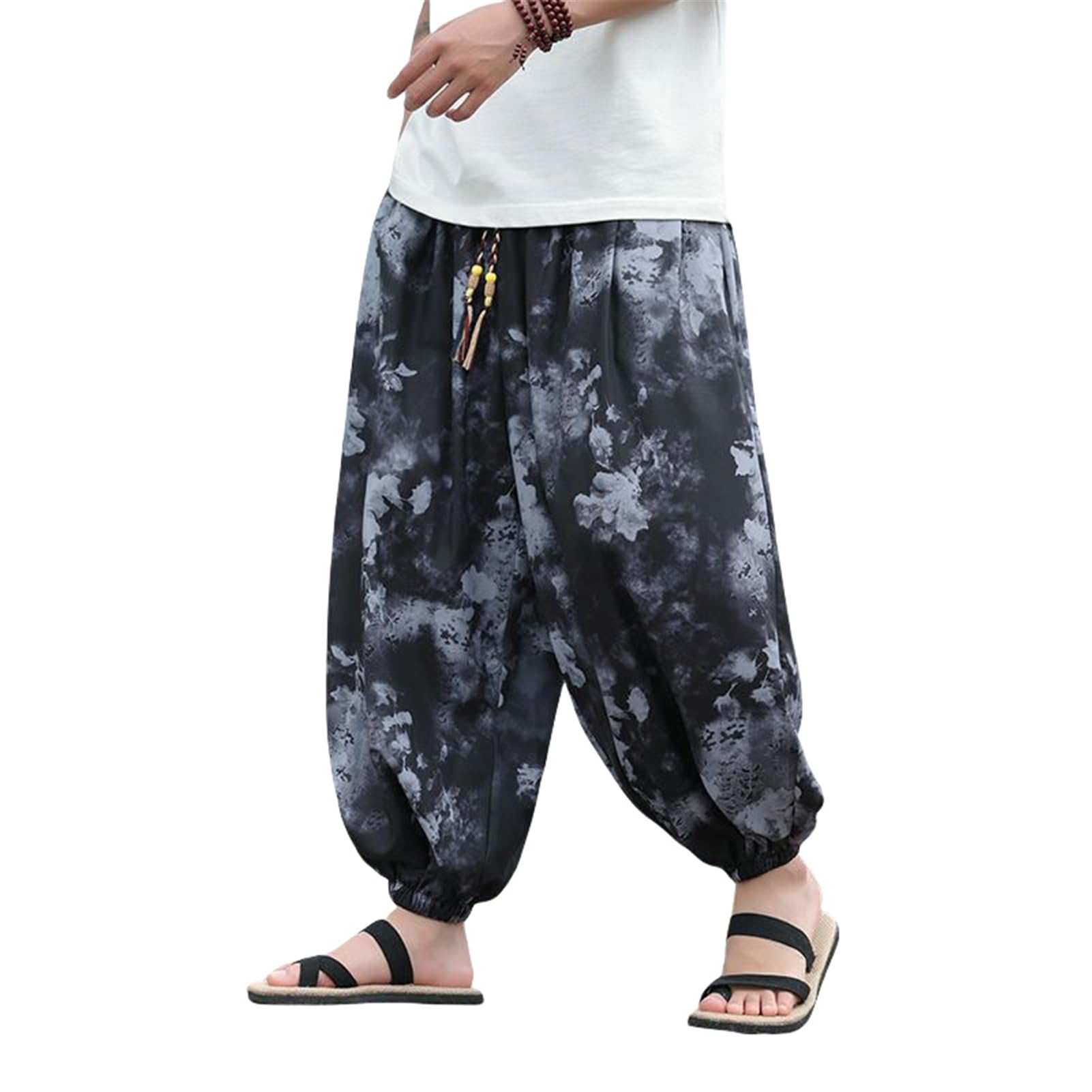 Pantaloni lunghi da uomo Estate Cinese Stile Etnico Ghiaccio Casual Gamba larga Harem Motivo floreale