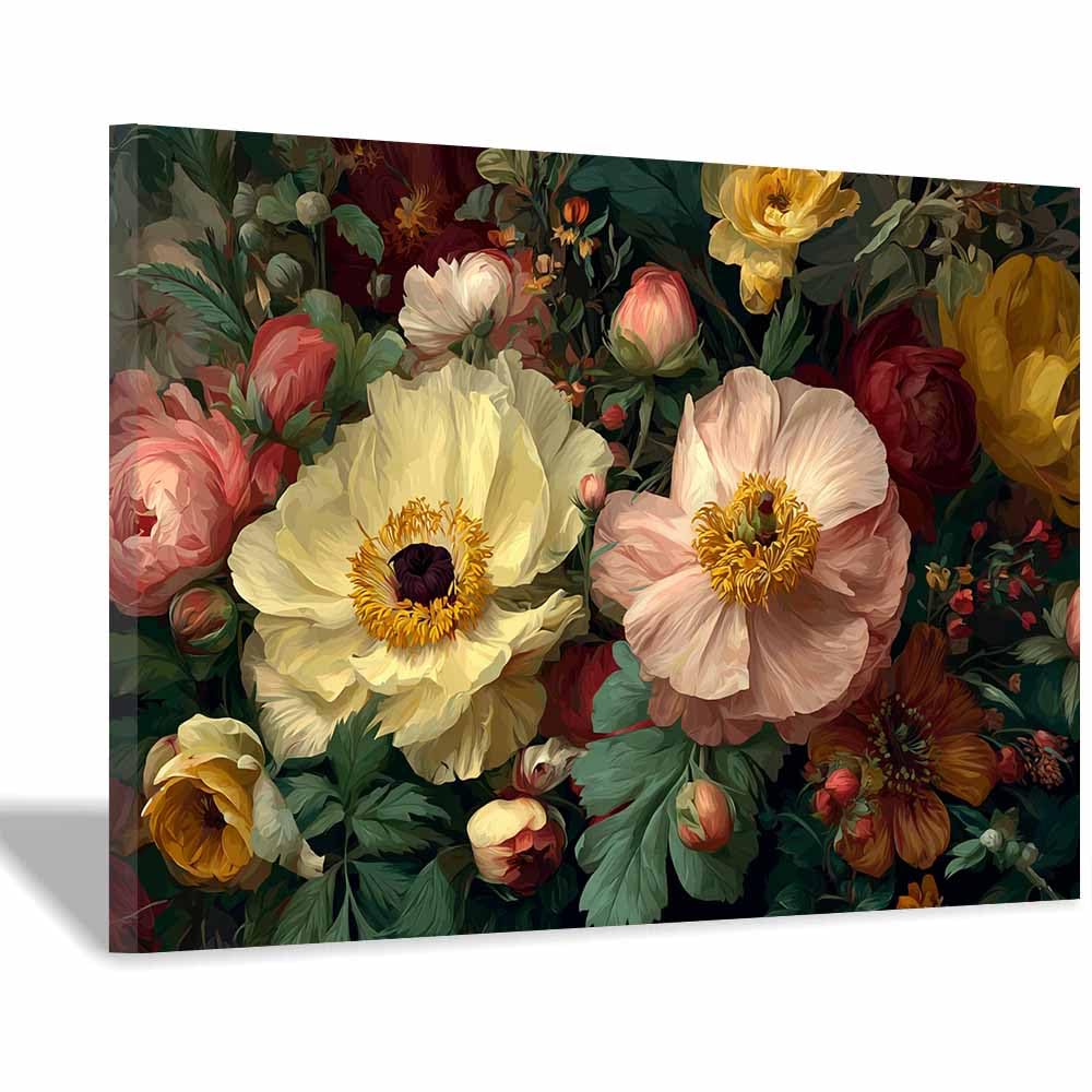 Hoqiu Multicolor Flowers Wall Canvas Vintage Peony Flowers Artwork, Wall Decoration Living Room Bedroom Hallway Stairs Decoration.(Multicolor)-30X40cm Framed
