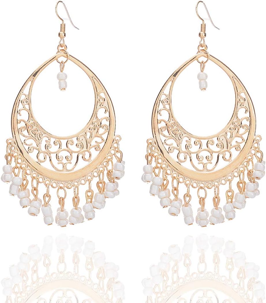 Bohemian Chandelier Coin Sequins Dangle Drop Earrings Ethnic Gypsy Beads Tassel Hoops with Disc Charms Boho Ear Jewelry Women