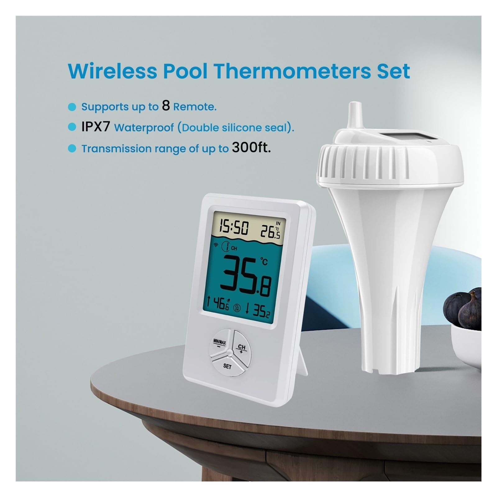 Termómetro Inalámbrico For Piscina, Resistente Al Agua IPX8, Fácil De Leer, For Piscinas, Jacuzzis, Estanques Pequeños Y Acuarios