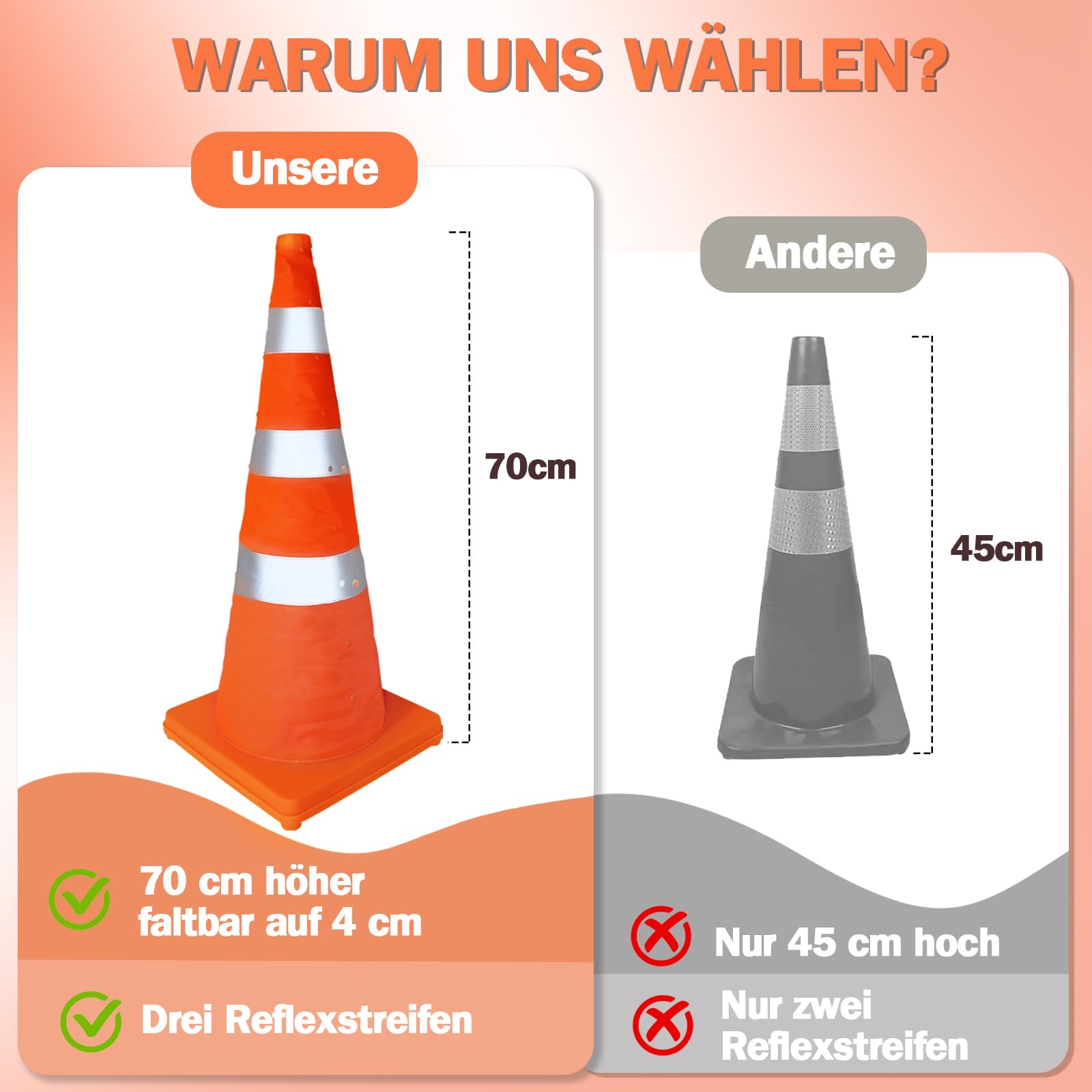 Valchoose 4 Stück Pylonen Faltbar, Verkehrskegel (70 cm) mit Reflektierenden Kragen – Orange Leitkegel Faltbar, Verkehrshütchen für Baustellen, Parkplätze & Sportmarkierungen