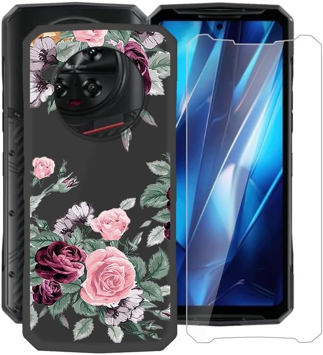 Phone Case for Doogee DK10 (6.67"), with [1 X Tempered Glass Screen Protector], Ultra-Thin Soft Silicone Skin, Black Shockproof Bumper Cover for Doogee DK10 - Red Rose