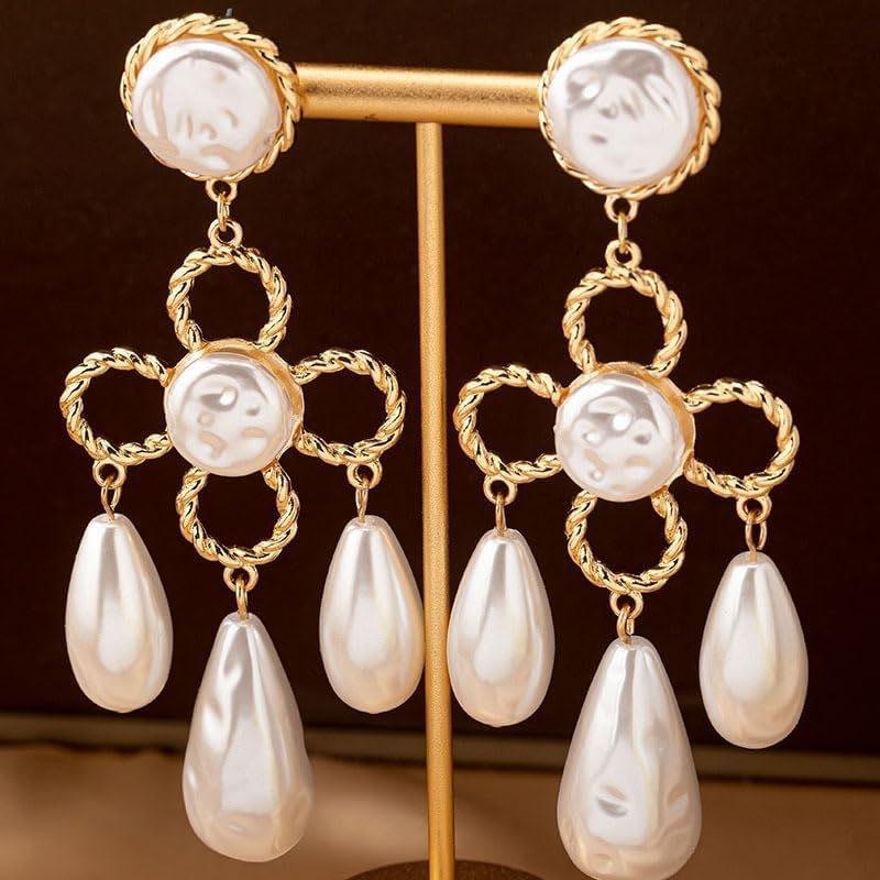Statement Baroque Pearl Chandelier Earrings for Women Gold Tone Round Teardrop Faux Pearls, Vintage Dangle Drop Design For Women Party Jewelry - Image 4
