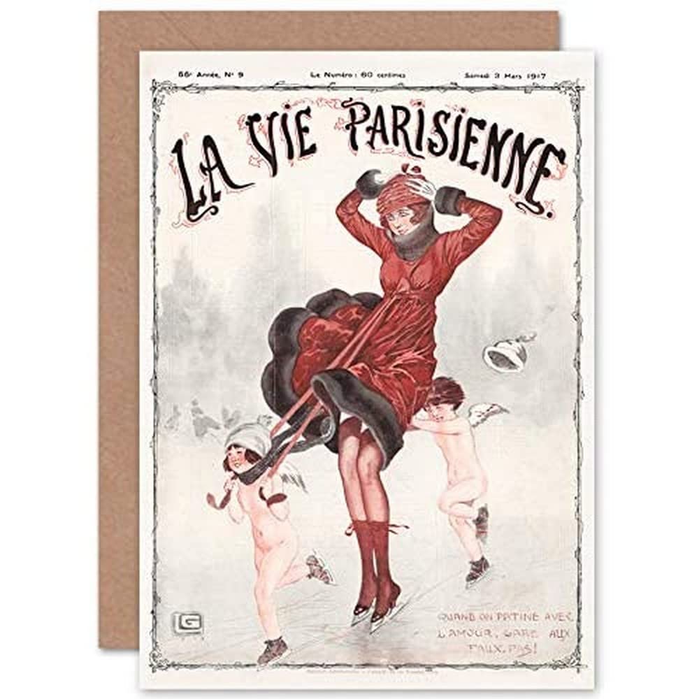 Artery8 La Vie Parisienne Winter Skating Beware Cherubs Magazine Cover Sealed Greeting Card Plus Envelope Blank inside