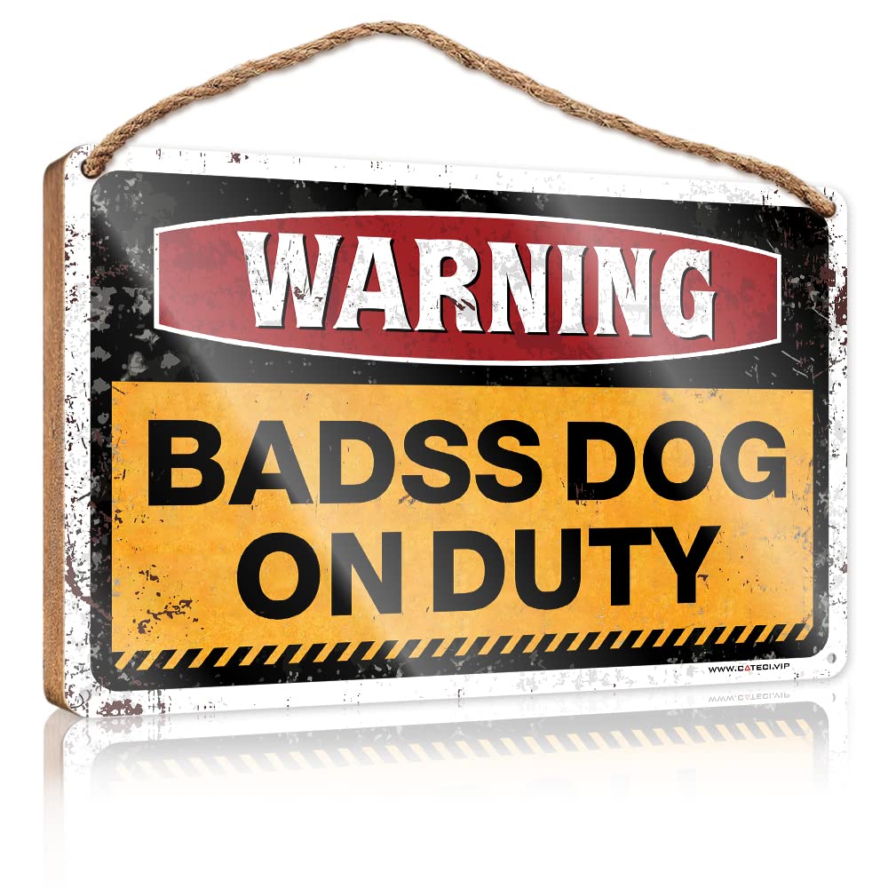 DTHA Hanging Plaque Wooden Warning Badass Dog On Duty Wooden Sign No Solociting Signs Funny Wood Hanging Sign(23X35CM)