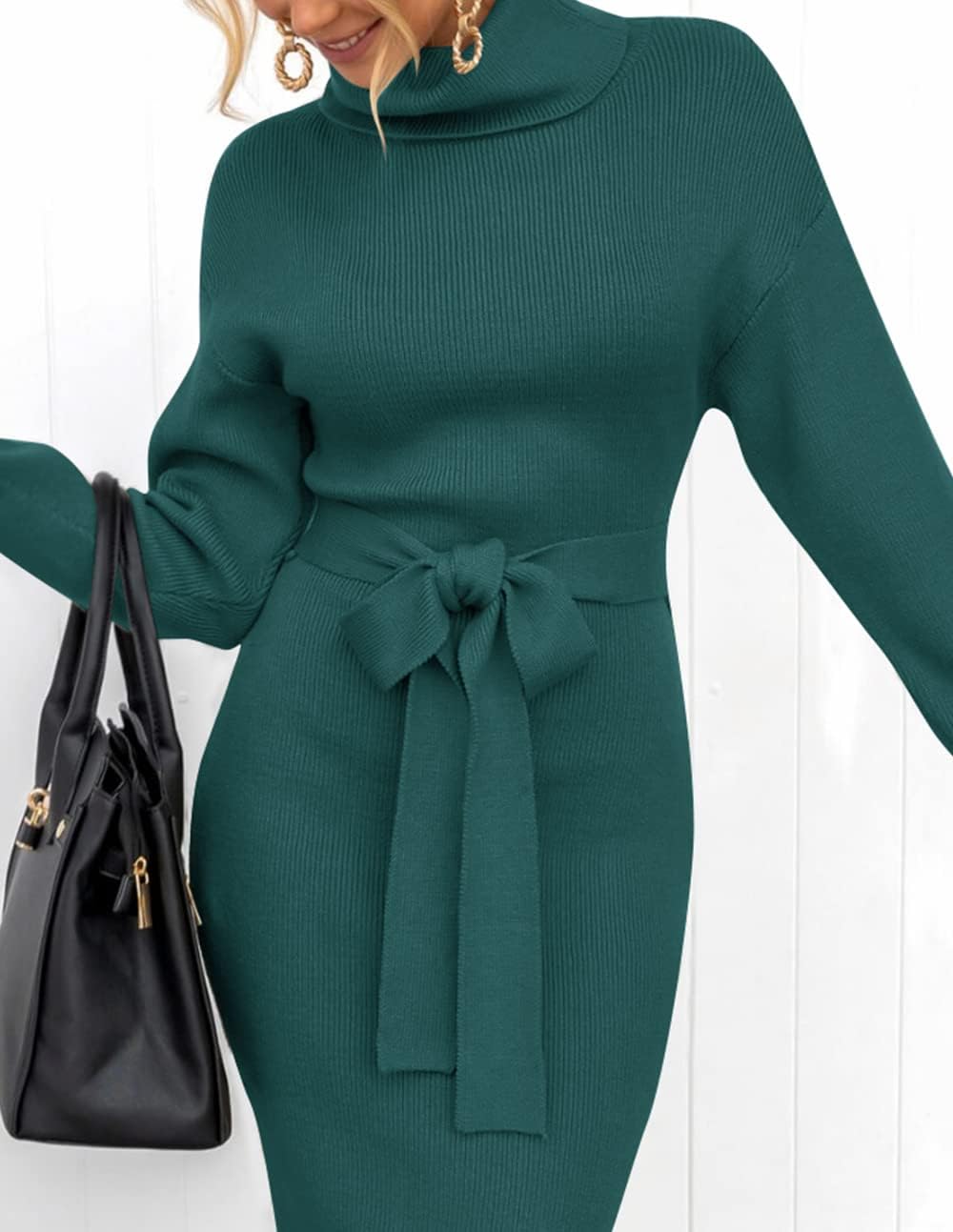 ZESICA Women's Turtleneck Sweater Midi Dress Long Sleeve Ribbed Knit Bodycon Slit Dress with Belt - Image 8