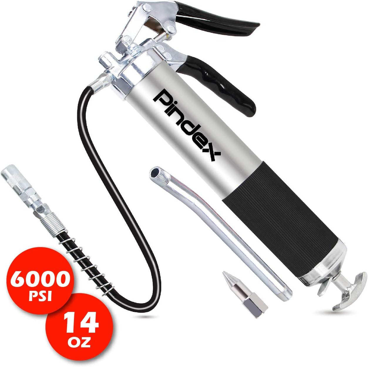 Pindex Heavy Duty Grease Gun 18 inch 14 oz, 6000 psi Pistol Grip Grease Gun Kit for Automotive,Industrial,Marine,Agriculture,Trailers (2 Years Warranty)