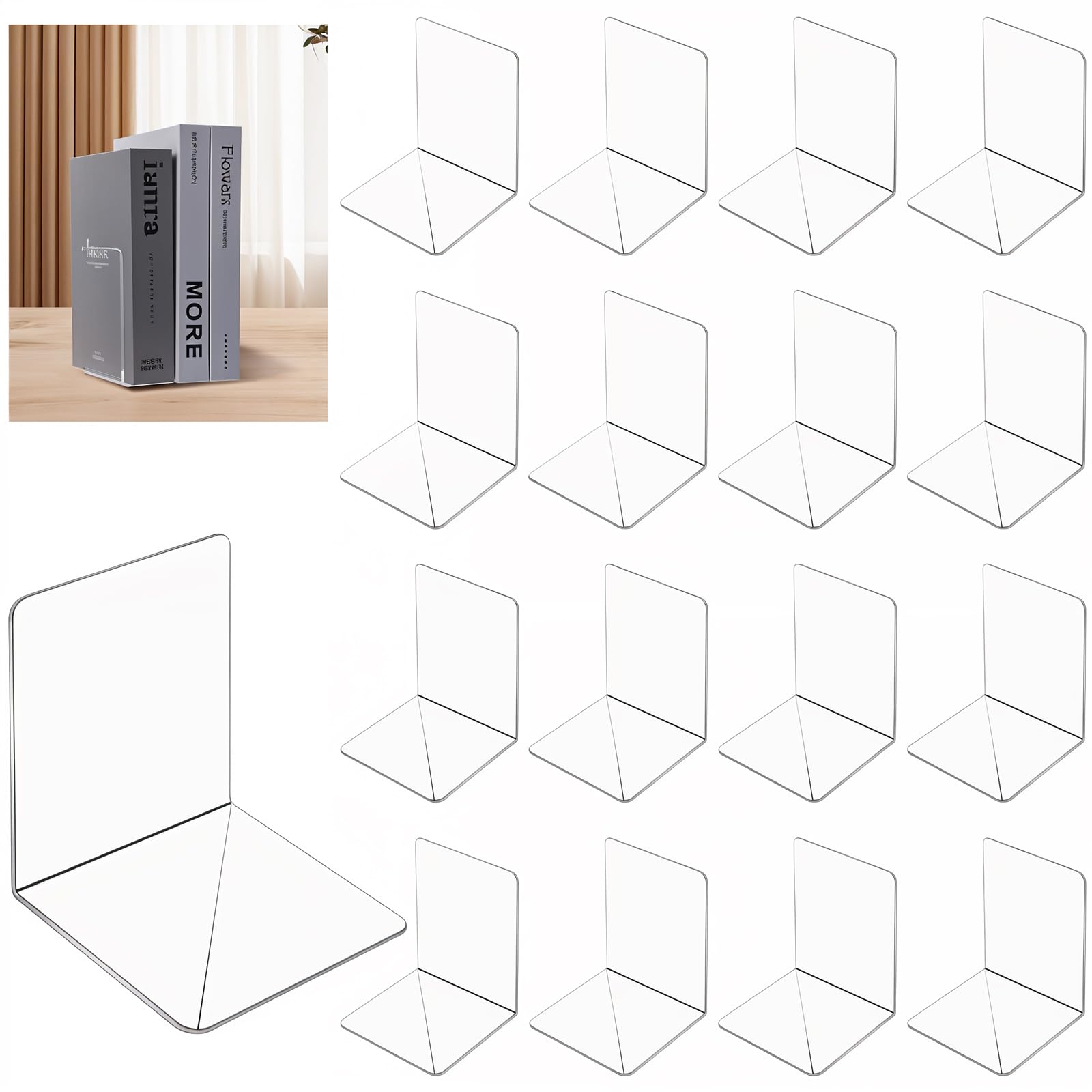 16 Pcs Acrylic Bookends, Book Ends Clear Acrylic Bookends for Shelves, Transparent Bookend Organizer, Book Holder Stand Decorative, Book Stoppers for
