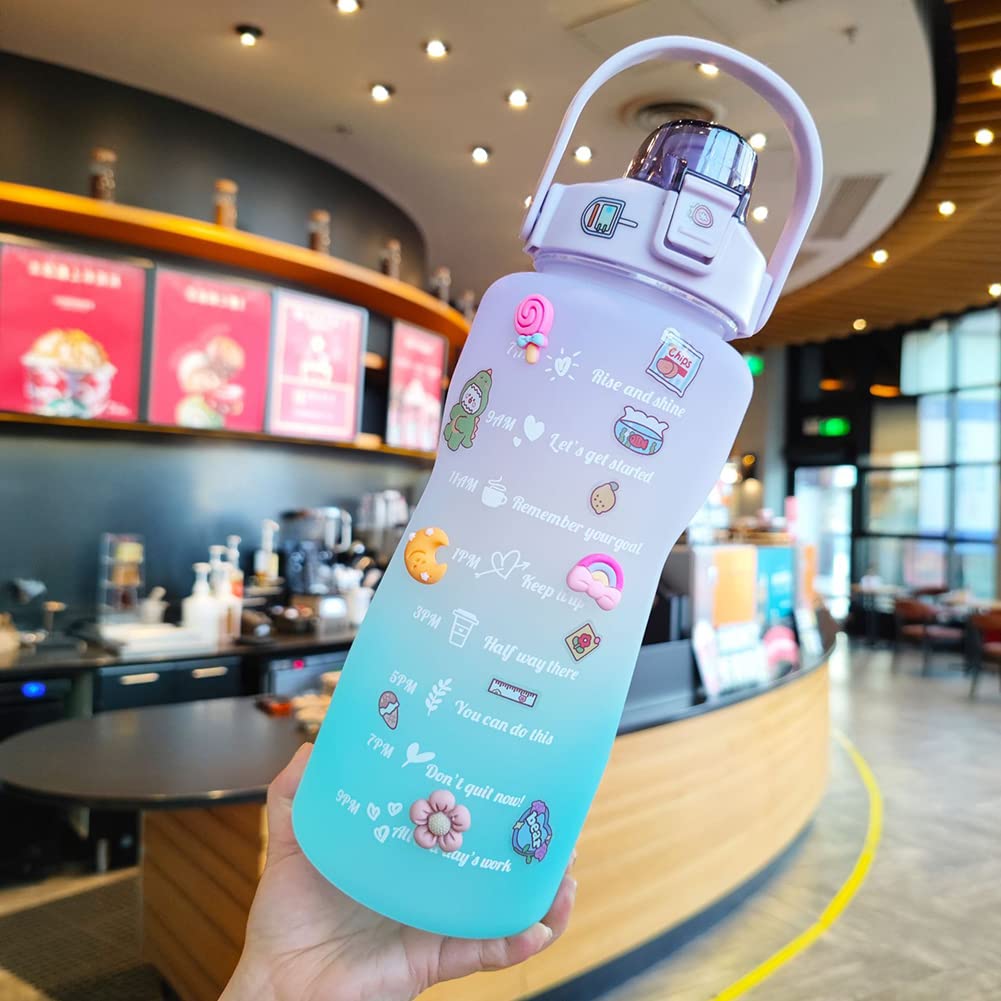 DKIIL NOIYB 2000ml Kawaii Water Bottle, Leakproof Water Bottle With 3D Kawaii Sticker And Time Marker, Portable Cute Water Bottle With Removable Straw For School Outdoor Sports