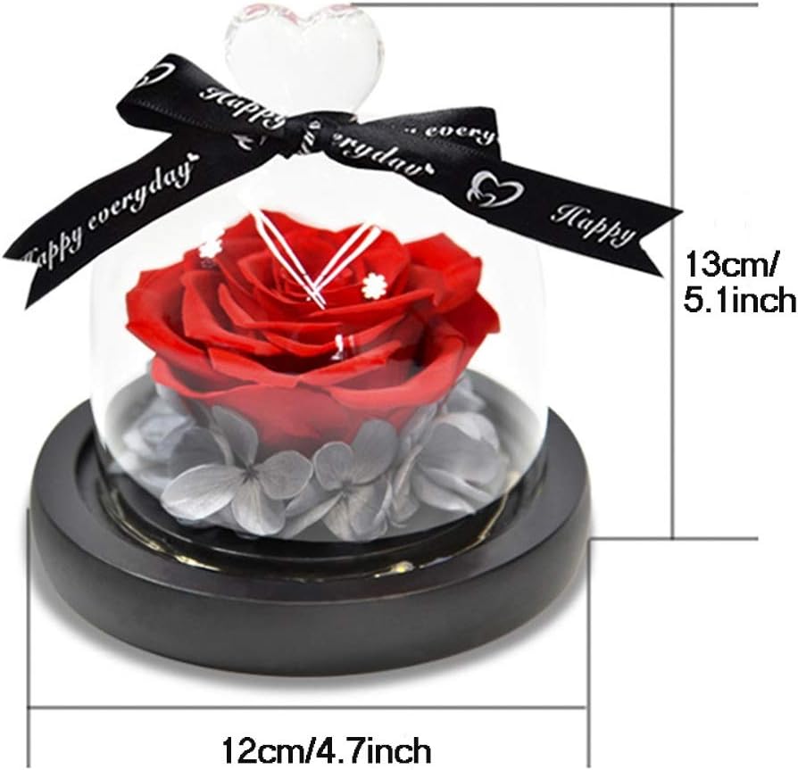 クリスマス、記念日、母の日、バレンタインデー、誕生日に、ガラスドームにLEDナイトライトを灯した永遠のバラのプリザーブドフラワー