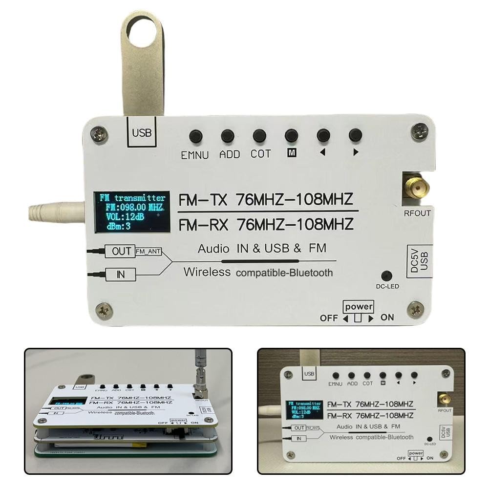 Trasmettitore FM stereo con Bluetooth, frequenza regolabile da 76 a 108 MHz e display OLED, per trasmissione campus e sistemi radio DSP