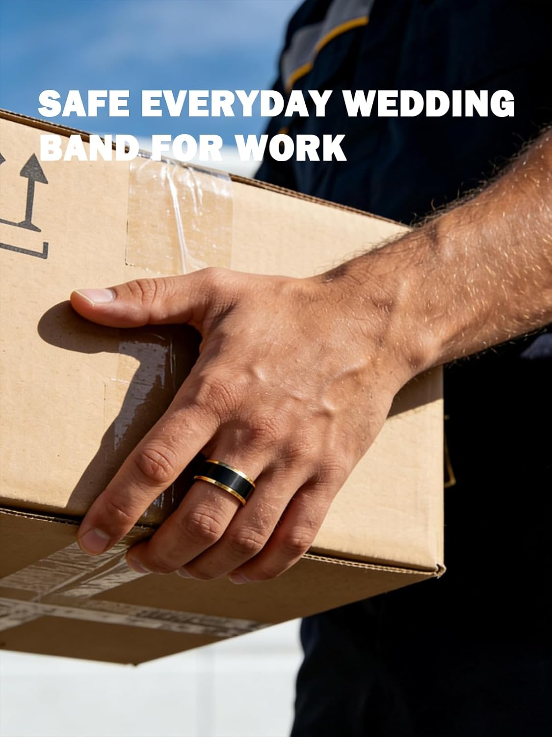 NUNCAD Tungsten Rings for Men Blue Collar Workers Wedding Band - Scratch Resistant，Comfort Fit, 8mm, Black and 14K Gold Plated, Matte Finish, Beveled Edges - Image 4