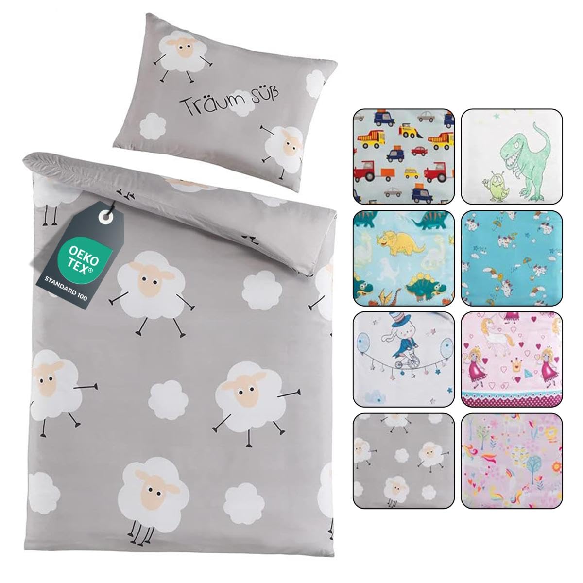 BaSaTex Kinder Baby Bettwäsche Set für Mädchen und Jungen | 100x135 cm + 40x60 cm | 100% Polyester Mikrofaser | Reißverschluss | Süße Träume - Schafe und Wolken | grau/weiß