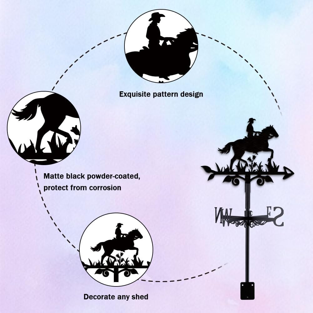 Horse Riding Weathervane Metal Wind Vane Horse Garden Decoration Direction Indicator Stake Mount Ornament for Farmhouse Yard Roof Outdoor