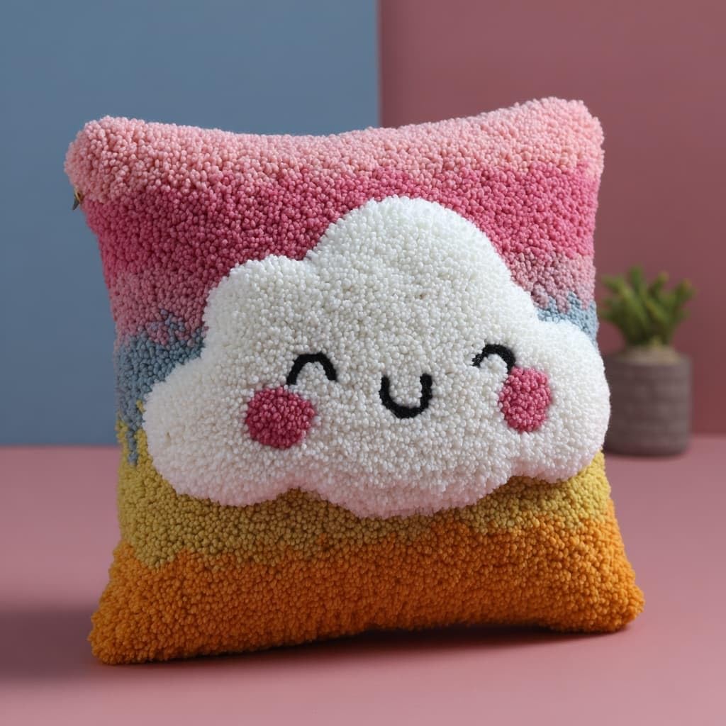 Henypt Easy Beginner Latch Hook Pillow Kit 43x43cm,Cartoon Smiling Cloud Needlework Cushion Set Pre-Printed Canvas and Tool Included,Simple Sofa Decor Project