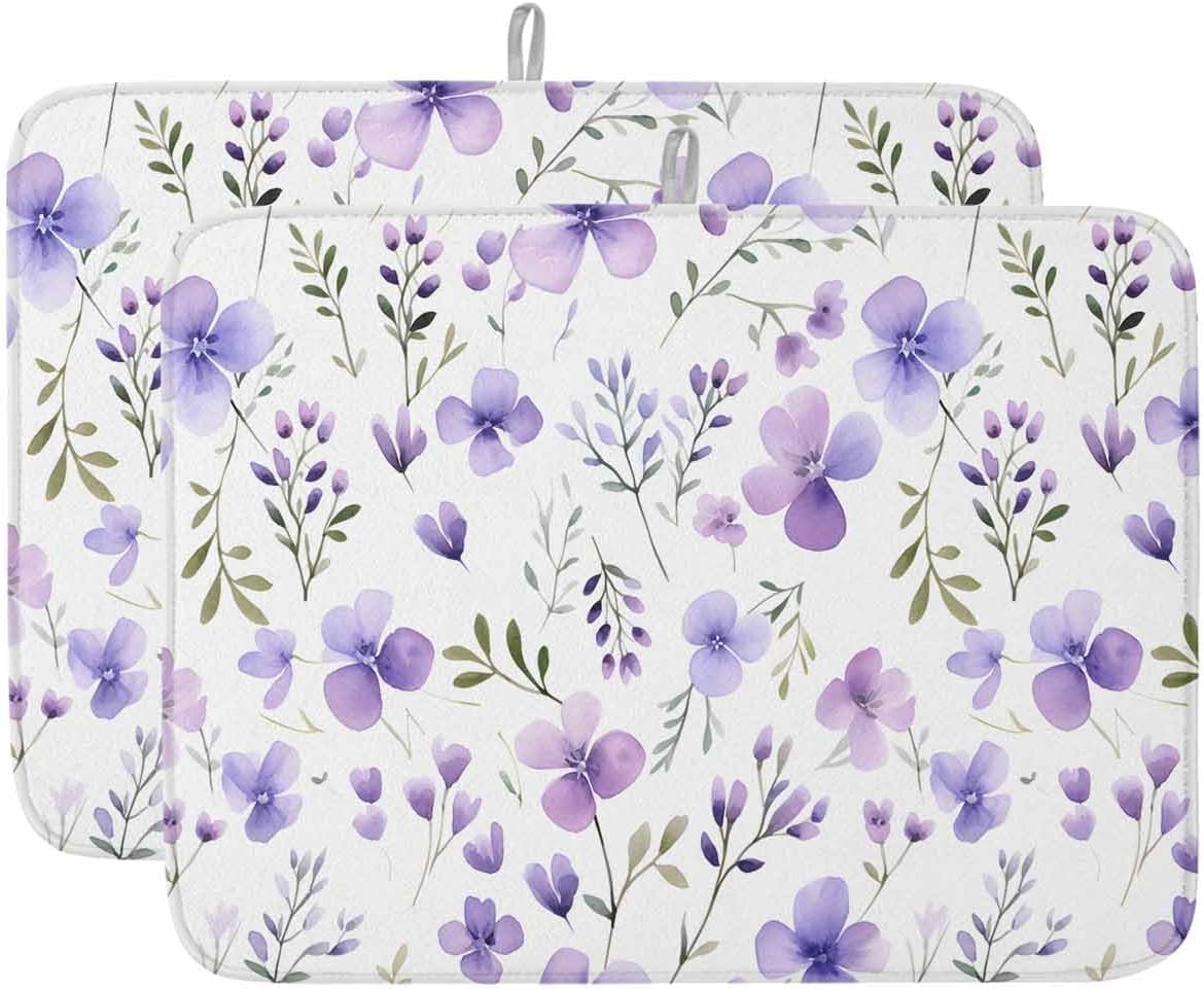 Dish Drying Mat for Kitchen, Watercolor Purple Flower Spring Plants Absorbent Dish Drying Pad, Kitchen Counter Mat for Dishes Utensils Camping, 16"x18"(2 Pcs)
